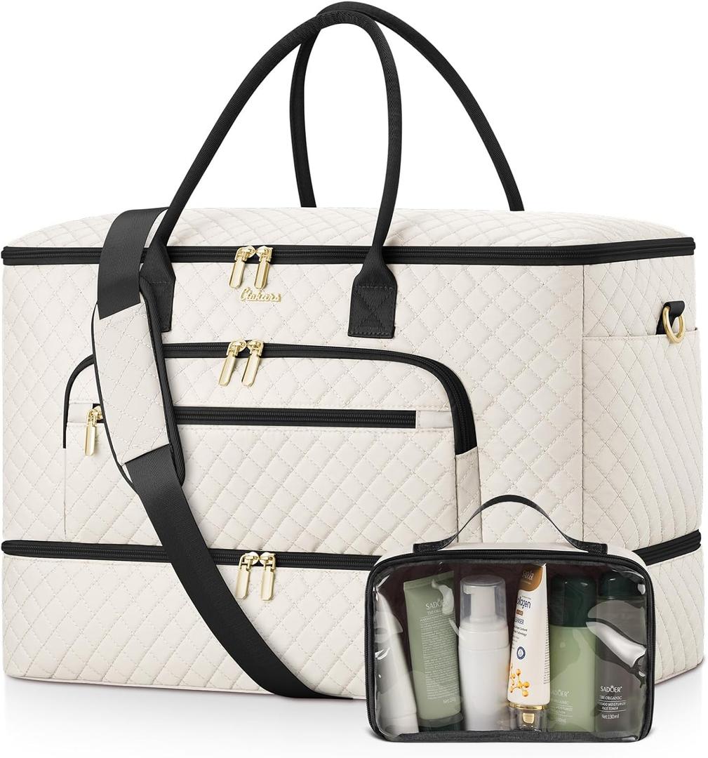 Travel Duffle Bag, Wide Open Large Weekender Bag for Women with Shoe Compartment, Carry on Overnight Bags with Toiletry Bag, Hospital Bag for Women Labor Delivery with Wet Pocket (Beige Black)