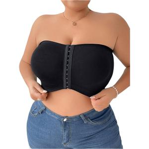 WDIRARA Women's Plus Size Strapless Front Closure Bandeau Bra Seamless Wireless Bralette Tube Top (Black, XXXL)