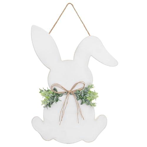 YoleShy Easter Decoration Door Wreath for Front Door Wall Decor - Wooden Easter Bunny Hanger Sign with Bow for Rustic Spring Party Home, 16.1 x 11.81 Inch