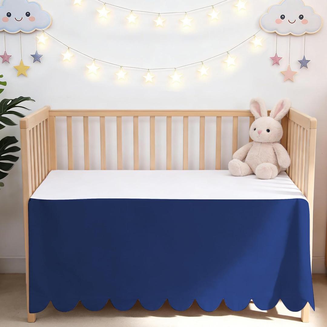 Scallop Edge Crib Skirt Navy Blue, 100% Egyptian Cotton 400 Thread Count Crib Skirt Dust Ruffle,Double Layer,Durable,Smooth Toddler Bedding Skirt for Baby Girls or Boys, 52"X28" with 14"