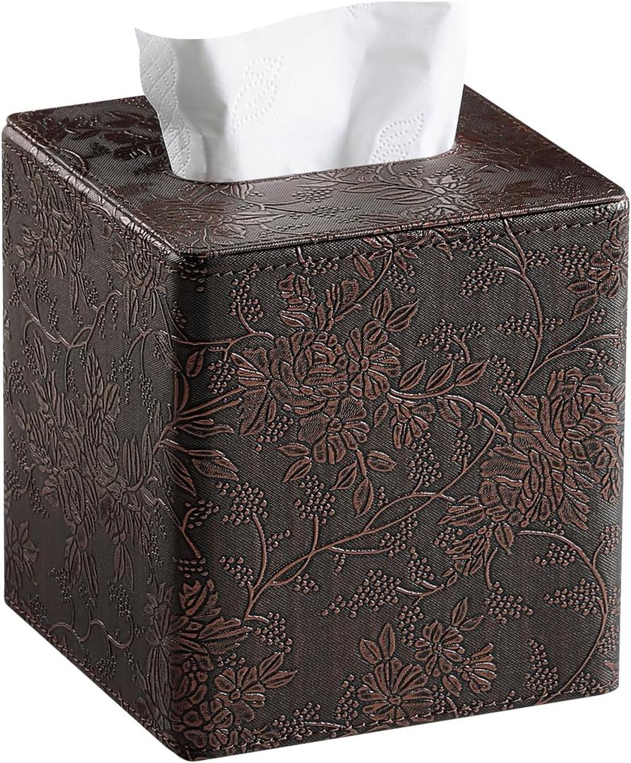 Square Tissue Box Cover, Stylish Leather Tissue Box Holder with Magnetic Bottom, Used As A Decorative Tissue Holder for Living Rooms, Bedrooms, and Desks (Brown Grape Pattern)