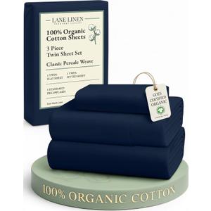 LANE LINEN 100% Organic Cotton Sheets Twin Size, Mercerized Cotton Fully Elasticized Soft & Comfy Bedding Sheets & Pillowcase Set, Good for Dorm Room, Deep Pocket Fully Elasticized Sheet- Navy