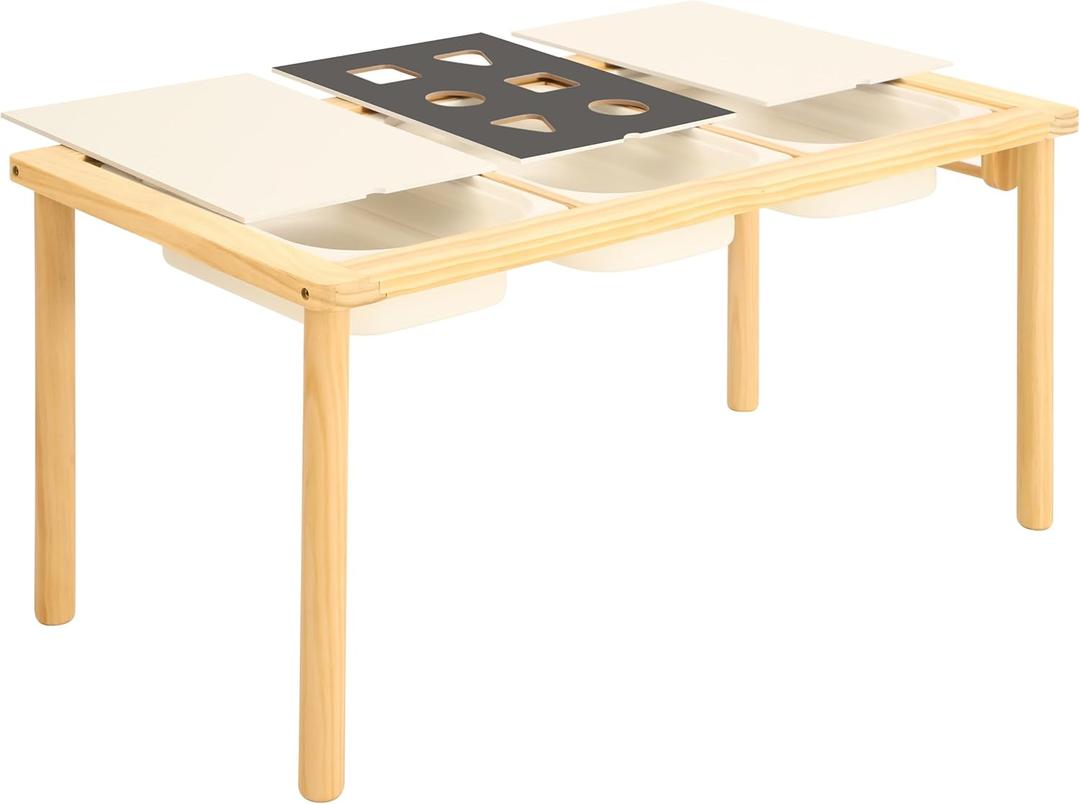 Sensory Table with 3 Foldable Storage Bins, Multifunction Wooden Sand and Water Table with Double-Side Board & Paper Roll Dispenser, Activity Game Table, Indoor Outdoor Use, for Kids (3Bins)