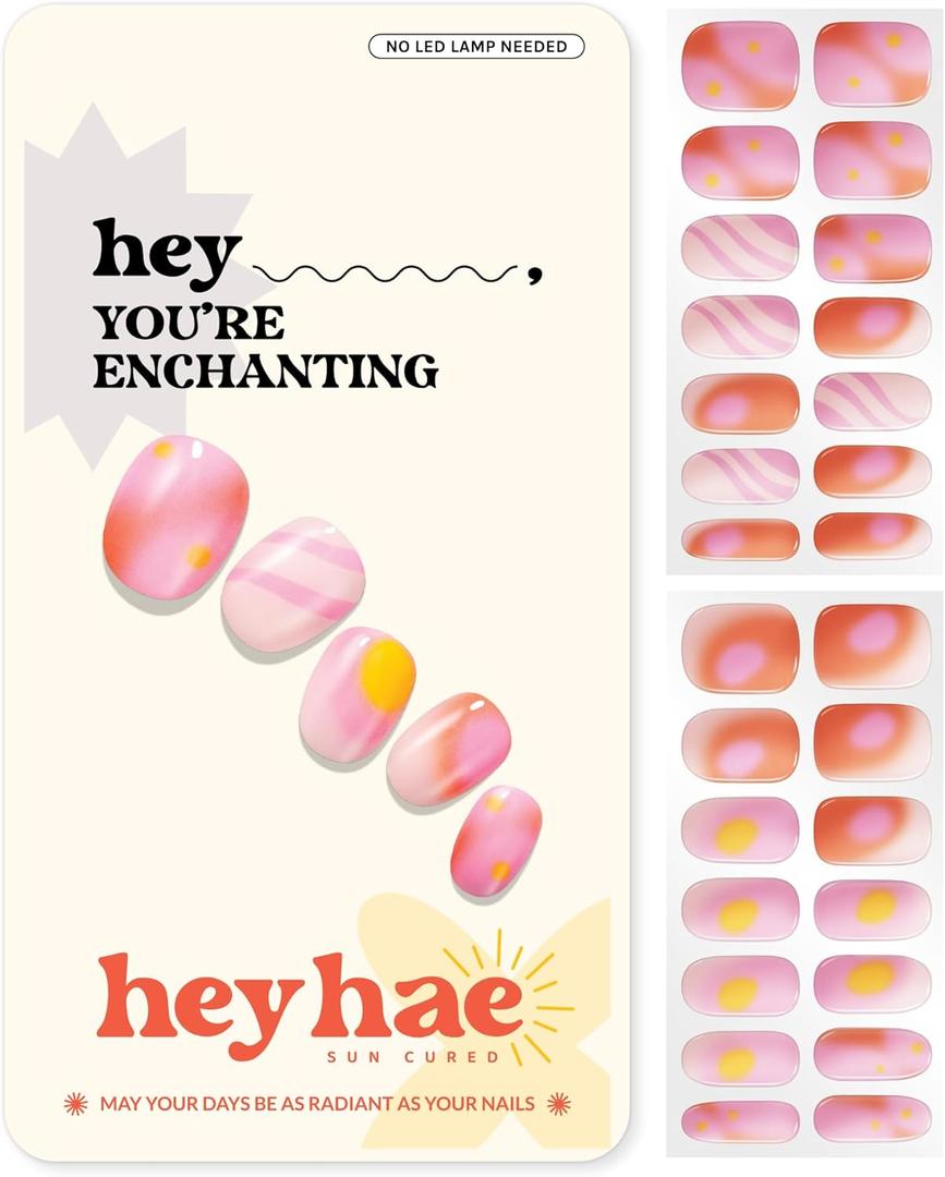 Heyhae Semi Cured Gel Nail Strips | No LED Lamp Needed | Ombre, Pink, Spring | Easy Apply & Remove, Salon Quality | Includes 28 Strips, 1 Prep Pads, Nail File & Wooden Stick - Hey, You're Enchanting