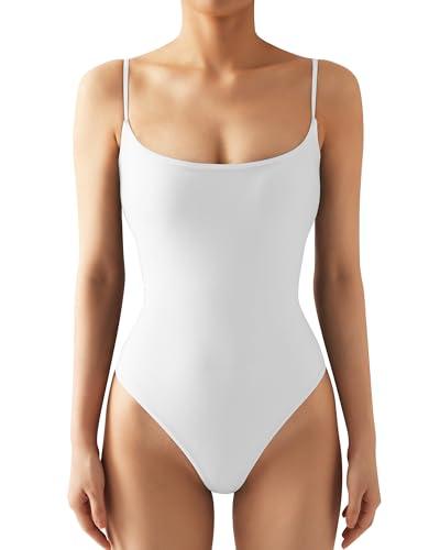 SUUKSESS Women Sexy Square Neck Thong Bodysuit Backless Sleeveless Cami Body Suit Top (Snow White, S)