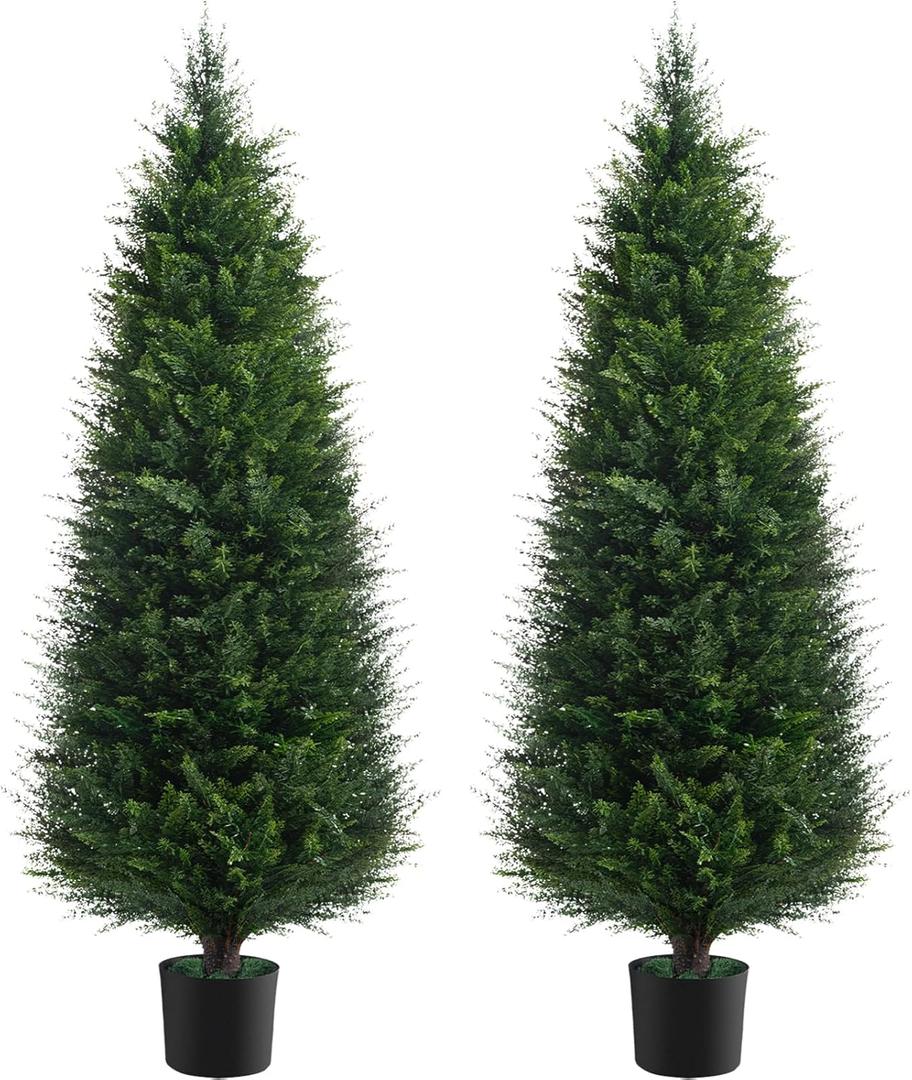 Chillchard Two 5ft Artificial Plants Topairy Faux Cedar Trees for Outdoor Planters, 60IN Tall Fake Pine Bushes UV Resistant Large Potted Shrubs for Front Porch Dcor