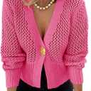 Cicy Bell Womens Cropped Crochet Cardigans Hollow Out Button Down Lantern Sleeve Knit Sweaters Casual Mesh Loose Fit Cover Up (Pink), Size Large