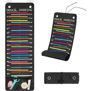 32-Pocket Pencil Parking for Classroom, Hanging Pencil Holder Wall Organizer, Numbered Portable Pencil Parking Pocket Chart for Classroom Organization, School Storage Supplies (Black)