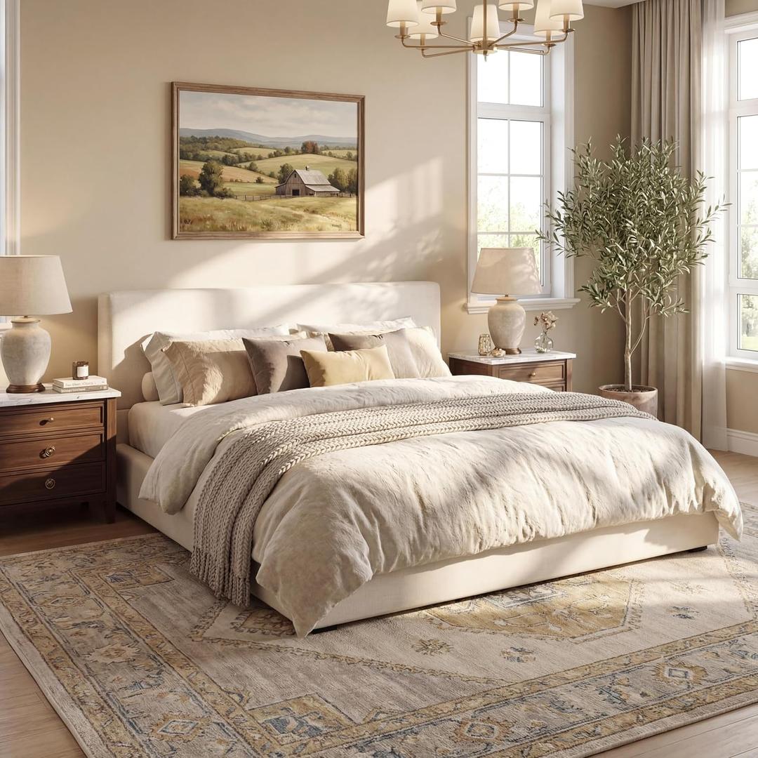 Merax California King Upholstered Bed Frame with Linen Headboard & Footboard, Thick Padding, Solid Wood Legs, Beige, No Box Spring Needed