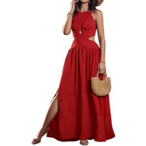 CHICME Women's Sleeveless Halter Neck Red Dress Criss Cross Tie Back Split High Maxi Dress Flowy A Line Ruched Vacation Sundress-Small