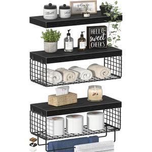 Bathroom Floating Shelves Over Toilet - Shelf Above Toilet Storage Small Farmhouse Decor Shelves (15.7 inch, Set of 3, Black)