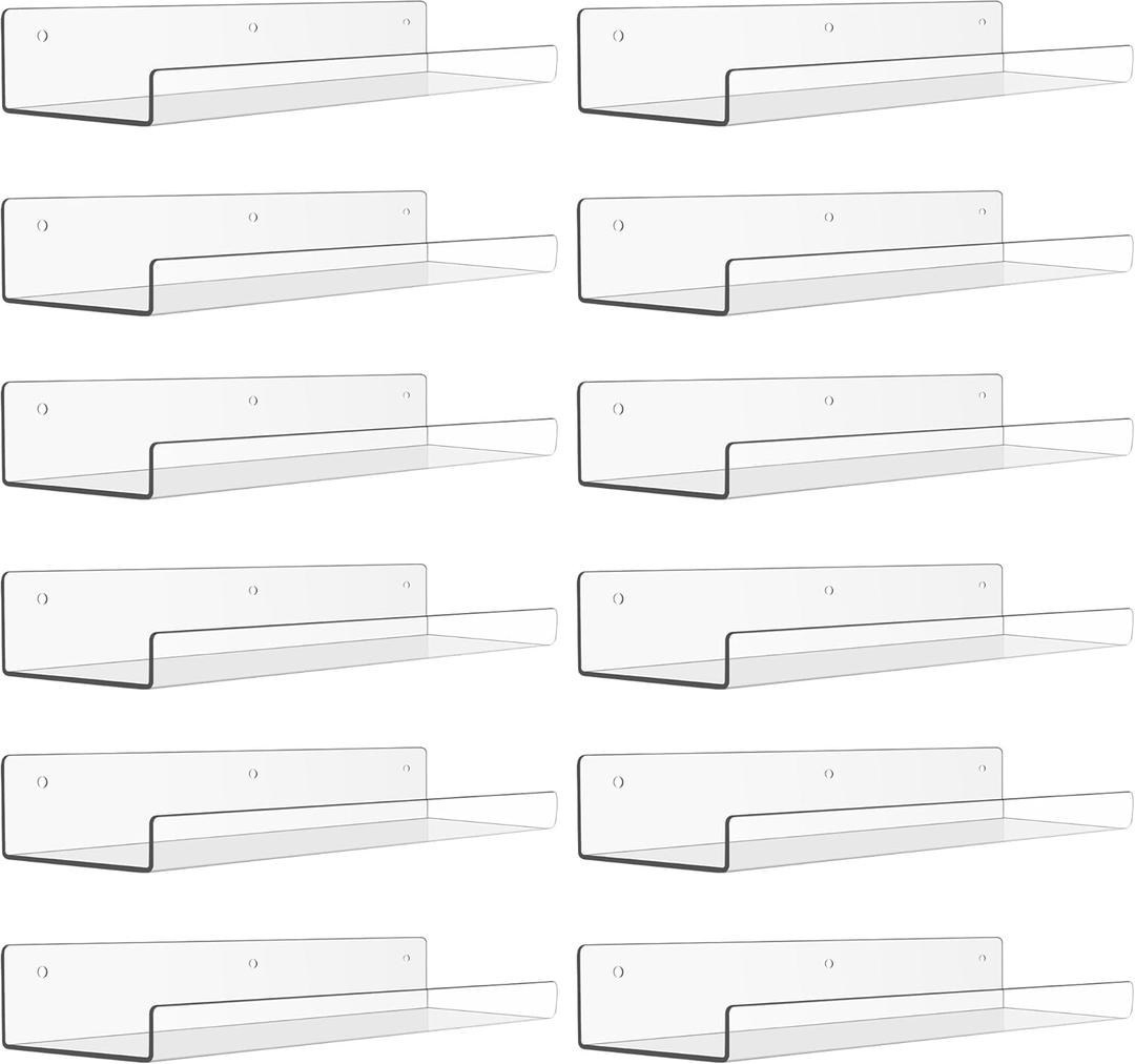upsimples 12 Pack Acrylic Shelves for Wall Storage, 15" Floating Bookshelves for Kids, Display Shelf Organizer for Bathroom, Bedroom, Living Room Decor, Kitchen, Clear