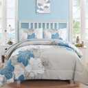 Luxudecor Blue Comforter Set King Size, 7 Pieces Bed in a Bag Blue Floral Comforter and Sheet Set, Soft Microfiber Grey Complete Bedding Sets for All Seasons