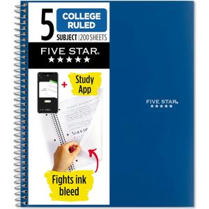 Five Star Spiral Notebook + Study App, 5 Subject, College Ruled Paper, 8-1/2" x 11", 200 Sheets, Fights Ink Bleed, Water Resistant Cover, Pacific Blue (73635)