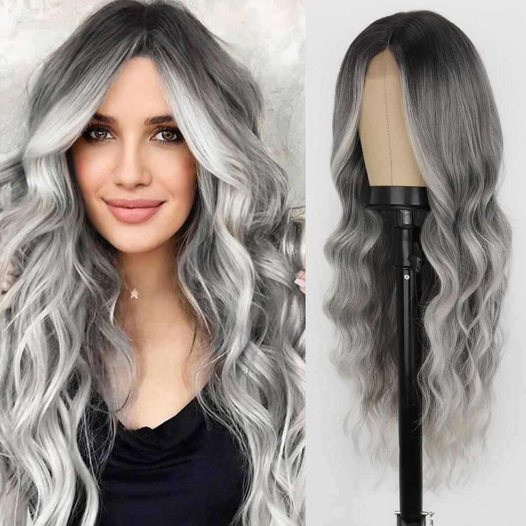 WERD Grey Wigs for Women Ombre Grey Curly Hair Wig Middle Part Dark Roots Natural Looking Synthetic Heat Resistant Mix Gray Wigs for Cosplay Party Use