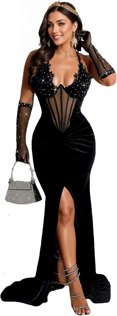 Rhinestone Embellished Formal Gowns and Evening Dresses for Women 2025 (Small, Black-c6801)