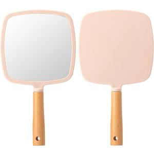 YEAKE Hand Held Mirror with Handle for Makeup,Small Cute Wood Hand Mirror for Shaving with Hole Hanging Single-Sided Portable Travel Vanity Mirror for Men&Women(Square,Pink,1Pack)