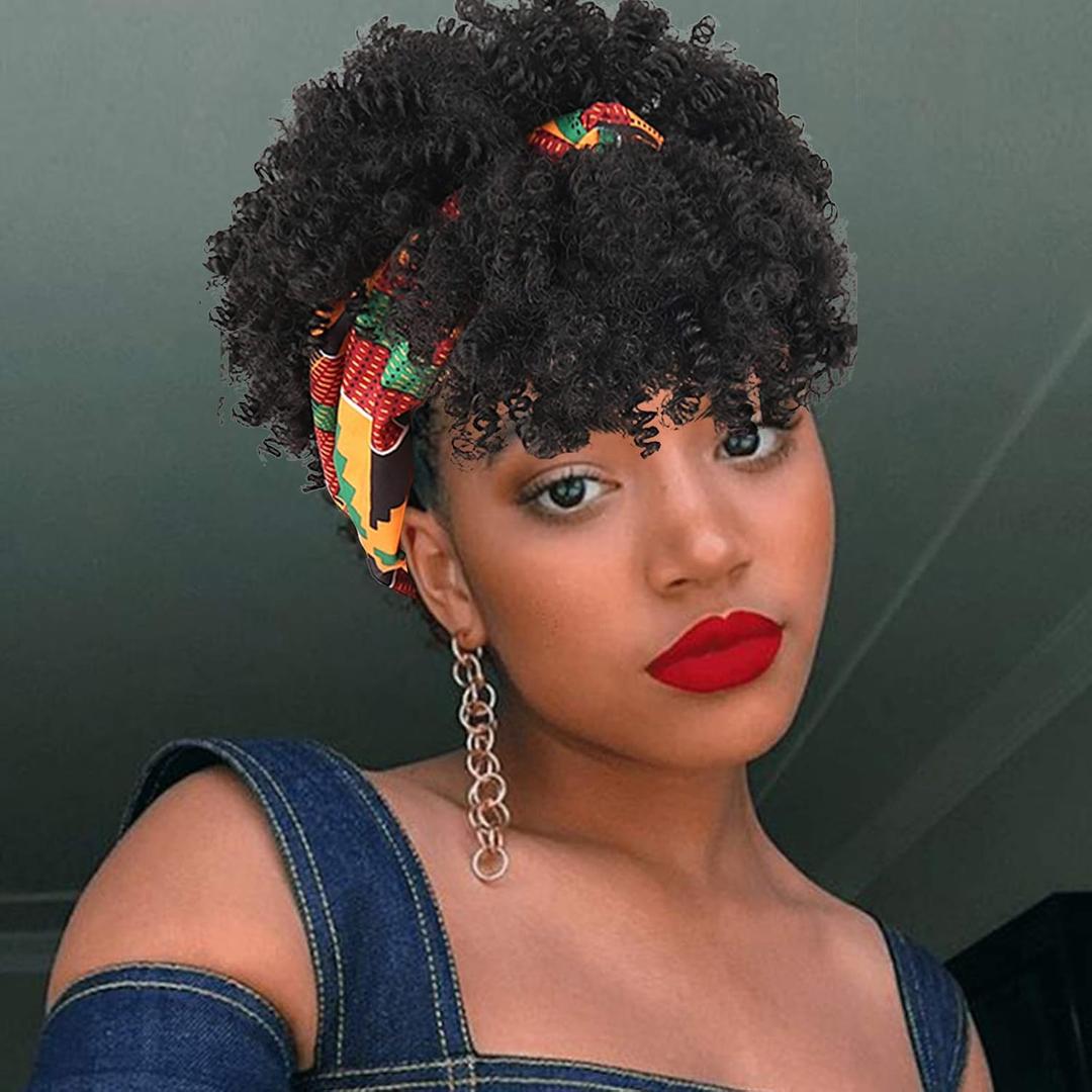 Aisaide Headband Wrap Wigs for Black Women,Synthetic Short Afro Kinky Curly Black Wig with Bangs 2 in 1 Afro Headwrap Wig with Headband Attached Dark Brown High Puff Ponytail (Colourful Turban-2#)
