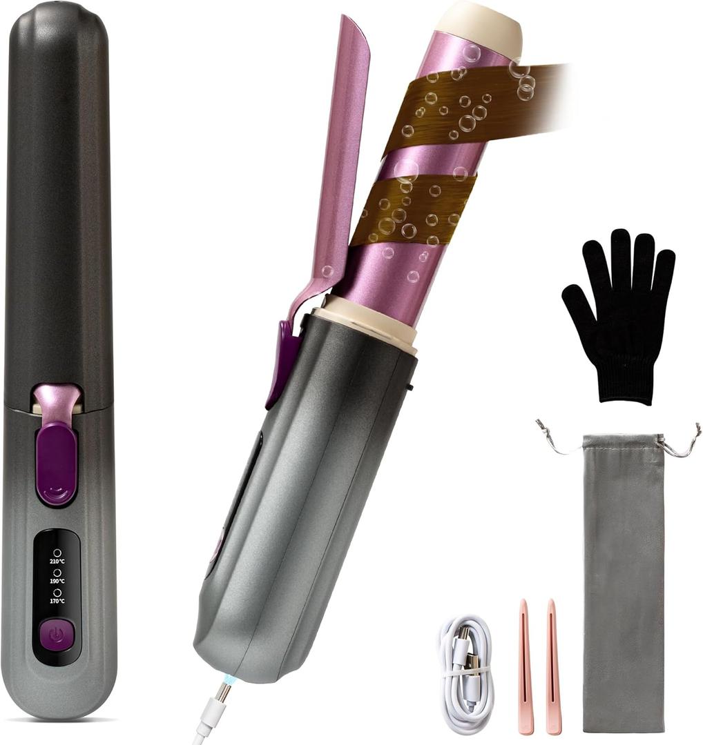 Cordless Curling Iron, Smofrees 8000mAh USB Rechargeable Travel Curling Wand with Protective Cover, 32MM Portable Curling Iron with 100 Million Negative Ion, 3 Temperature Settings, Gradient Gray