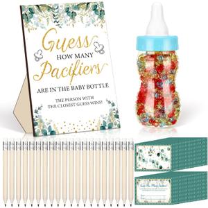 Syhood Greenery Baby Shower Games Guess How Many Pacifiers Sage Game Sign 50 Small Guessing Games 20 HB Pencils 750 ml Milk Bottle 400 Acrylic Pacifiers Decorations Guests Gender Reveal Party Favors