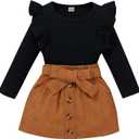 fhutpw Baby Toddler Girl Outfits Fall Winter Clothes Turtleneck Knitted Cotton Long Sleeves Tops & Button Mini Skirts Set (18-24 Months, B Black&brown)