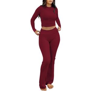 kaimimei Women's 2 Piece Lounge Outfits Slim Long Sleeve Tops High Waist Foldover Flare Leggings Sets Casual Yoga Sweatsuit (Red)