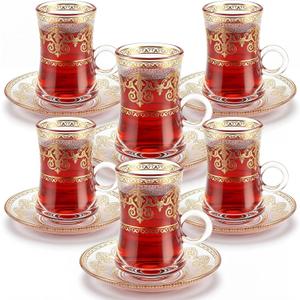6 Pcs Turkish Tea Glasses Saucers 4 oz Ottoman Gold Arabic
Gold Decorative Glass, For Espresso and Party, Moroccan Persian Style with Handles, Tulip Shaped for Arabic Turkish Coffee