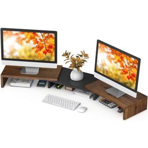 TAVR Dual Monitor Stand Riser, Computer Monitor Stands for 2 Monitors, Extra Long Multifunctional Wooden Desktop Organizer Riser for Computer, Laptop, PC, Printer, TV, Max 43.3" Length, Rustic Brown