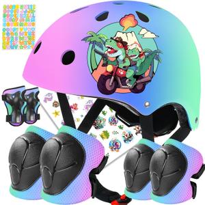 Toddler Kids Bike Helmet Set for Boys Girls Color Gradient Adjustable Skateboard Helmet Protective Gear Set Knee Elbow Wrist Pads for Bike, Roller, Scooter, Cycling, Balance and More Sports (Small: 20.1"-21.2", Pink-Blue-Green)