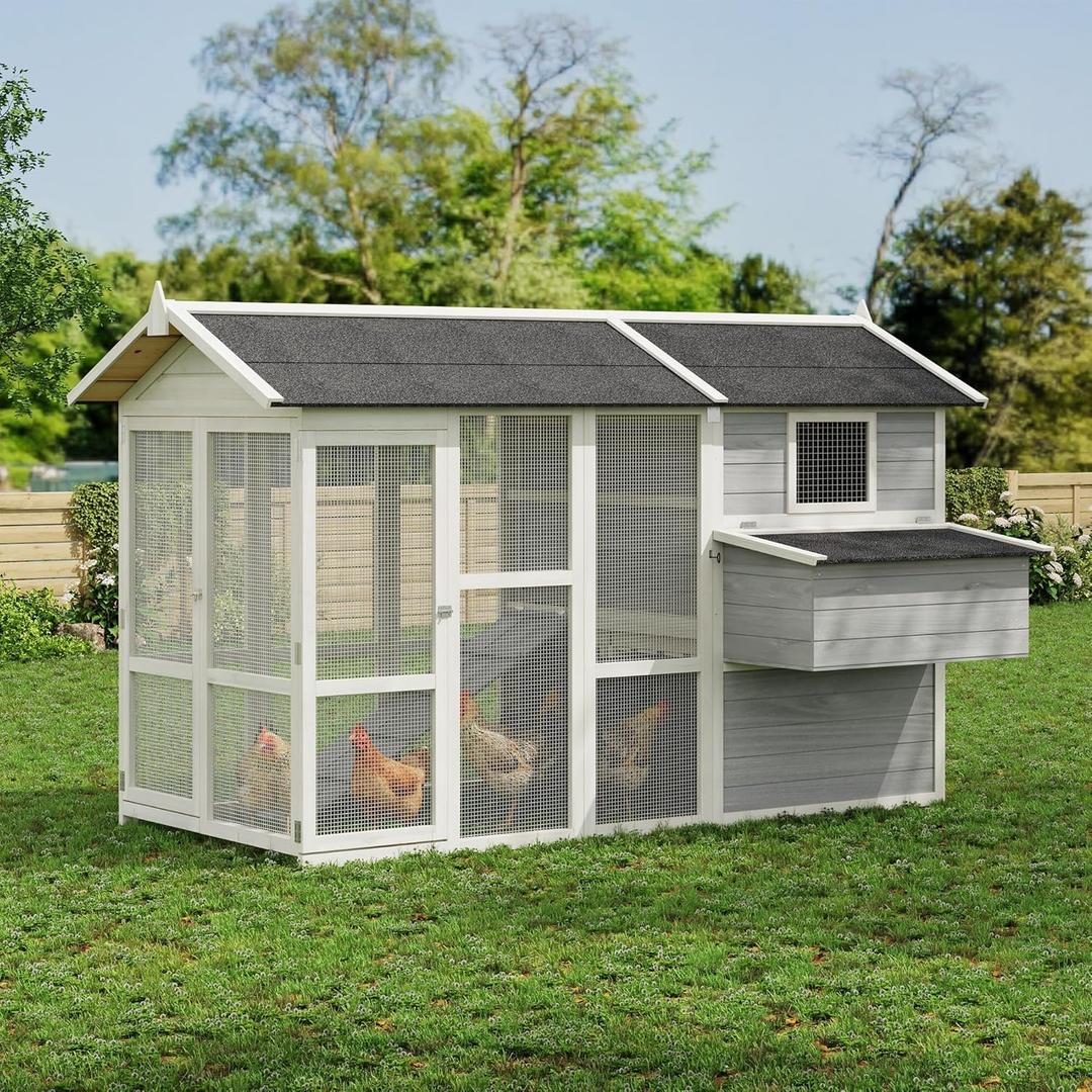 GAOMON Large Outdoor Chicken Coop for 4-6 Chickens Wooden Hen House Poultry Pet Hutch Run Cage w/Waterproof Asphalt Roof, Ramp, Nesting Box, Wire Fence, Grey (80" x 35" x 54")