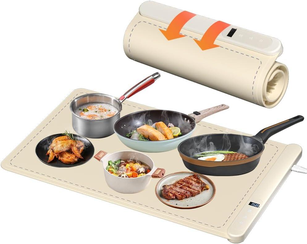 Warming Mat for Food, Upgrade Graphene Full Surface Heating in 10s, Electric Warming Tray with 6 Temperture Settings & 6 Hours Timer, Food Warming Mat for Gatherings, Parties, Daily Use (Beige)