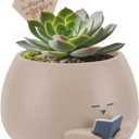 Bookworm Planter Pot - Cute Plant Pots for Succulents with Thank You Sign & Card, Resin Reading Planter for Indoor Outdoor Decor, Succulent Gifts for Book Lovers, Teacher Mom Dad Appreciation (Medium)