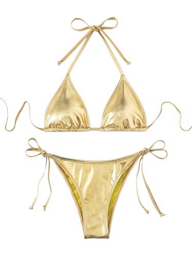 GORGLITTER Women's Metallic Triangle Bikini Top Halter Tie Side Swimsuit Set 2 Piece Bathing Suits Gold S