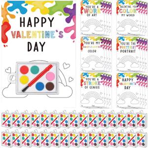 Sabary 28 Pack Valentines Day Gifts for Kids Valentines Watercolor Paint Set with Gift Cards Mini Paint Sets with Adhesive Dots for Class Exchange Prizes Party Favors for Preschool Classroom School