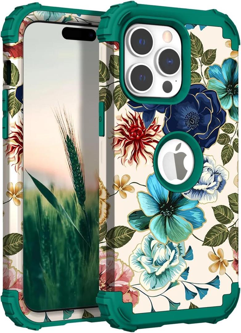 Hocase for iPhone 15 Pro Max Case, Heavy Duty Shockproof Protection Soft Silicone Rubber Bumper+Hard Plastic Hybrid Protective Case for iPhone 15 Pro Max 6.7" 2023 - Teal Flowers