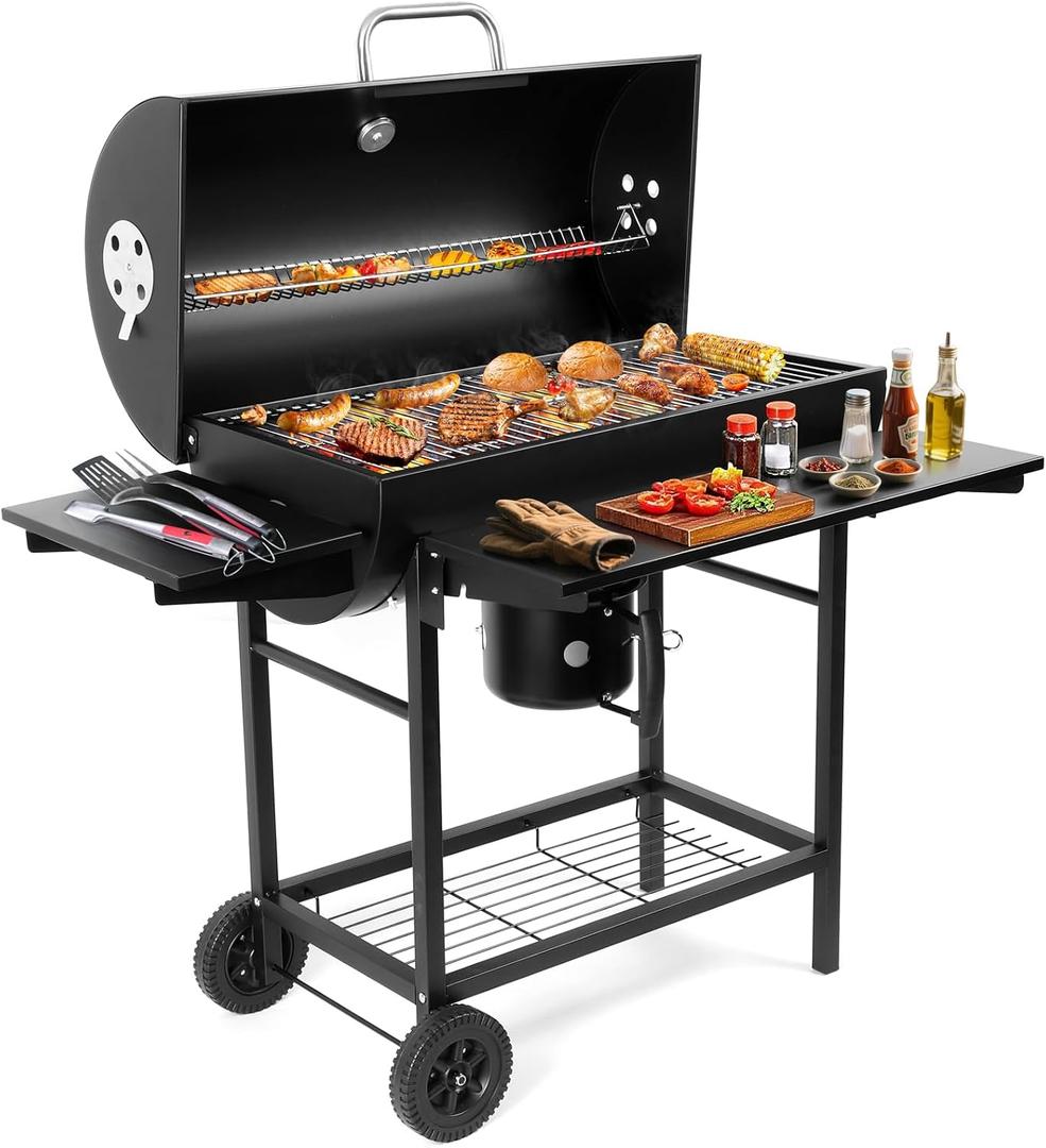 Charcoal BBQ Grills Outdoor: Spacious Barrel Barbecue Grill with Side Front Table - Premium BBQ Smoker Combo for Backyard Cooking Patio Grilling Tailgating Party Camping Picnic, Large Grill