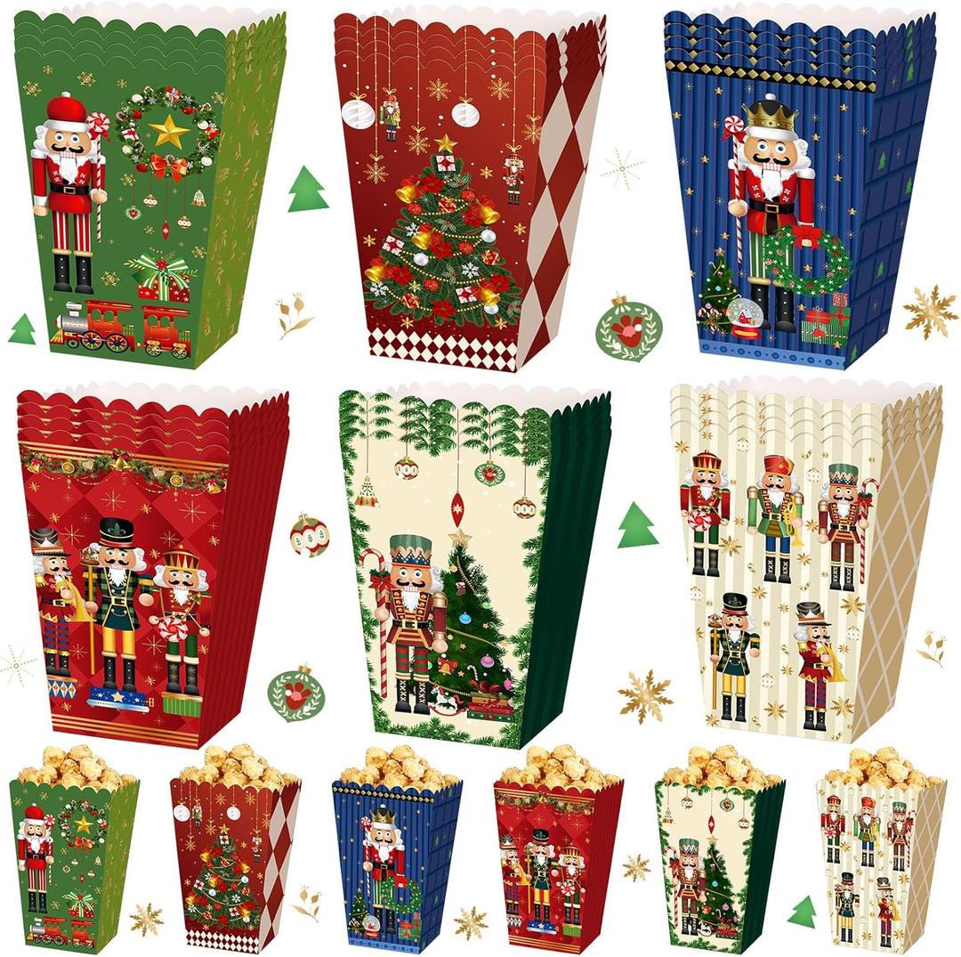 Gueevin 60 Pcs Christmas Popcorn Boxes Nutcracker Popcorn Bags Bowl Treat Candy Boxes Snack Goodies Container or Christmas Party Favors Supplies Decorations