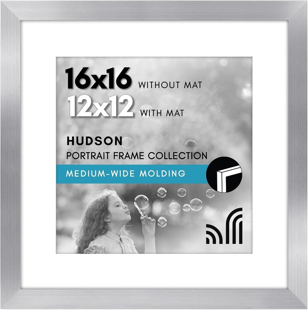 Americanflat 16x16 Picture Frame with Polished Plexiglass - Use as 12x12 Frame with Mat or Display 16x16 Photo Without Mat - Hudson Collection - Wide Square Frames for Wall Display - Silver