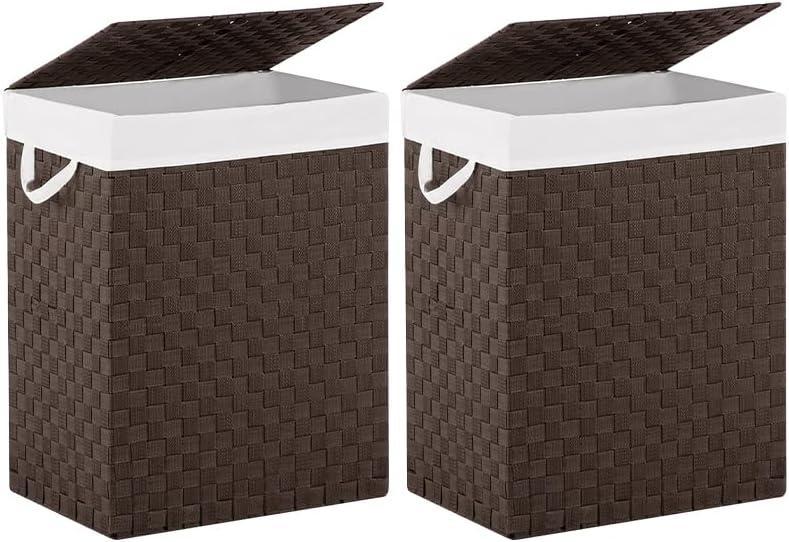 Foldable Laundry Hamper Basket with Lid by Fiona's magic, Handwoven 96L Large Clothes Hamper, Collapsible Tall Hamper for Bedroom, Bathroom and Dorm Organizer, 2Pack, Brown