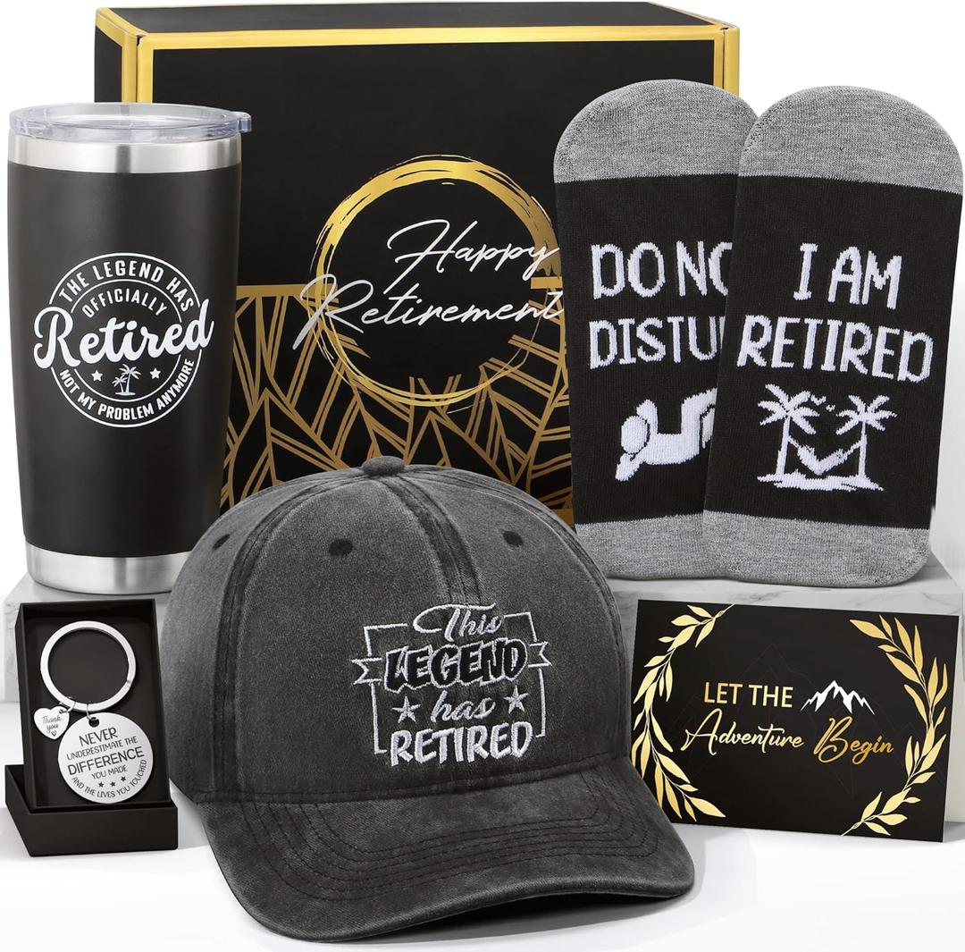Retirement Gift Set for Men 2025 - Happy Retirement for Coworker, Teachers, Boss, Friends, Dad, Grandpa, Retirees - Funny Retired Basket With Wine Tumbler and Baseball Cap