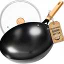 ANGORA BRANDS 12.5" Round Bottom Carbon Steel Wok with Lid - Authentic Stir Fry Pan for Gas Ranges - Professional Grade Chinese Wok for High Heat Cooking - Wood Handle - Nonstick Coating