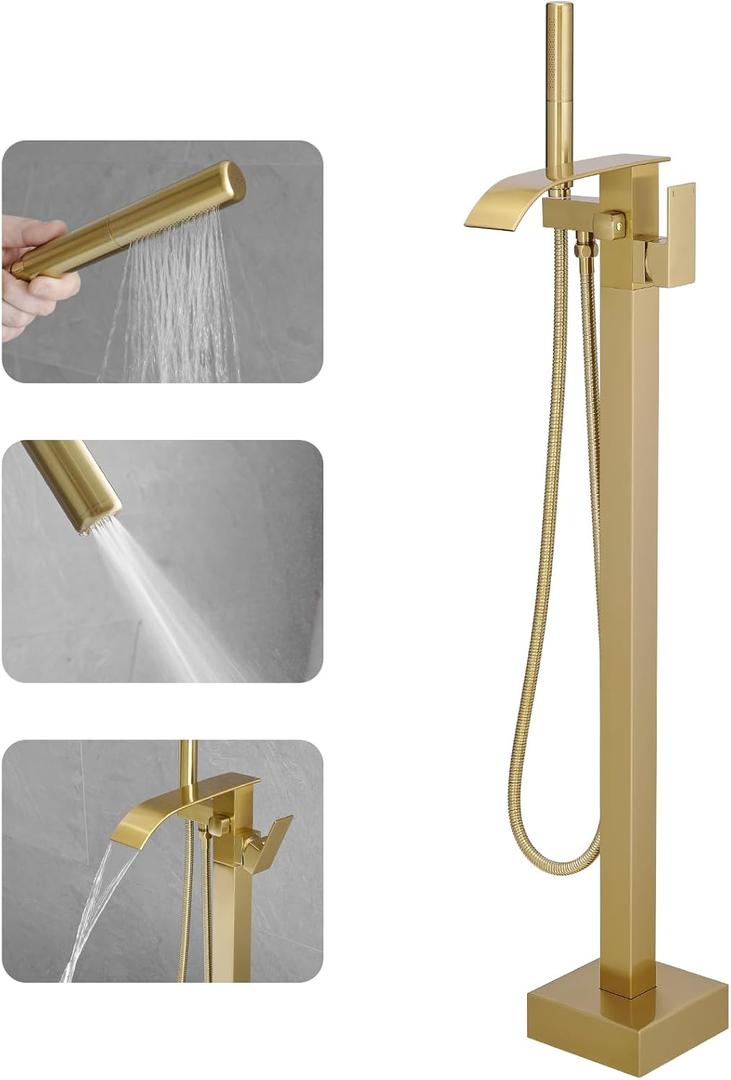 RUMOSE Tub Filler Freestanding Bathtub Faucet Brushed Gold Floor Mount Tub Faucet Waterfall Bathtub Filler with CUPC Certified High Flow Brass Bath Shower Faucets with Handheld Sprayer