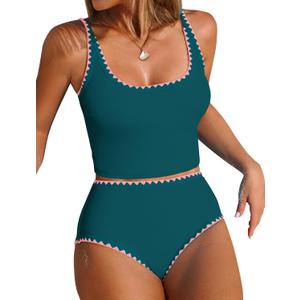 ZAFUL Tankini Swimsuit Tummy Control Bathing Suits Two Piece Swim Top with High Waisted Bottom (Medium, Peacock Green)
