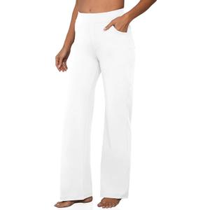 VOOVEEYA Wide Leg Pants for Women, Yoga Pants with Pockets High Waist | Breathable, Moisture Wicking, Soft Comfortable, 4-Way Stretchy, Wide Leg Dress Pants for Petite, Tall, Regular (White)
