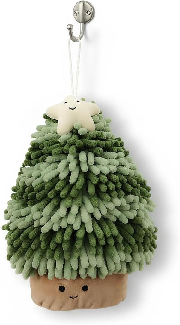 BROSUYU Christmas Tree Shape Hand Towel  Fuzzy Ball Hand Drying Puff, Soft Chenille Fuzzy Hand Towel for Kitchen & Bathroom, Cute Holiday Decorative Towel, Machine Washable