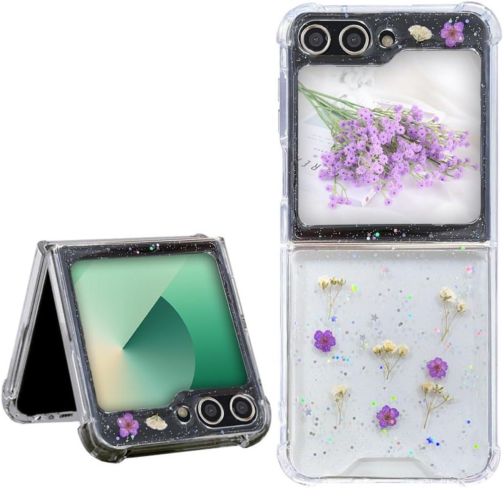 Abbery for Samsung Galaxy Z Flip 5/6/Z Flip 7 FE Case Cute Glitter Clear with Real Dried Pressed Flower Design-Purple Gypsophila Floral Girly Aesthetic Women Bling Sparkly Protective Shockproof Cover Purple Flower