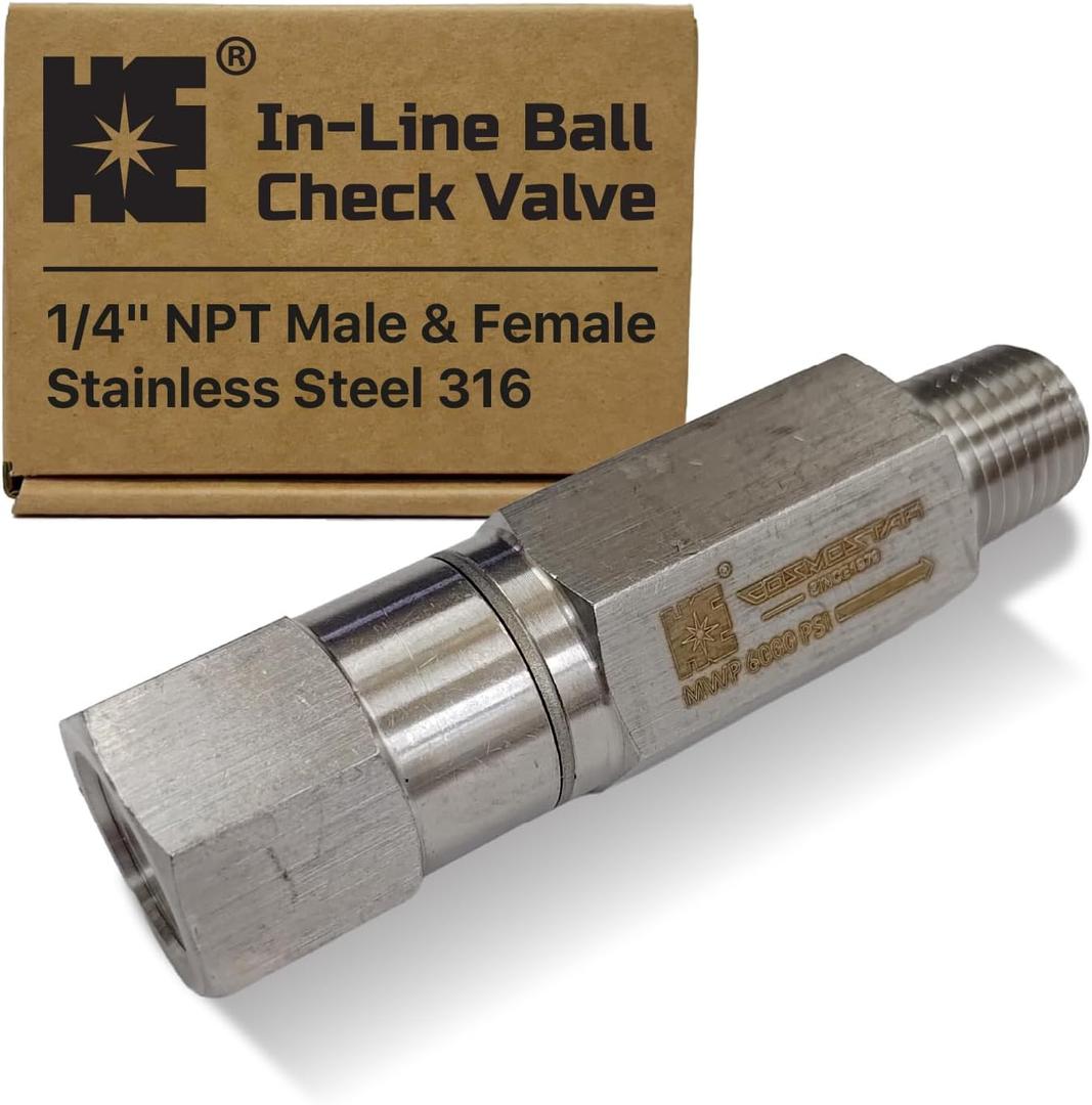 Cosmostar 1/4" NPT Stainless Steel 316 In-Line Ball Check Valve  6000 PSI One Way Spring Check Valve for Water, Oil & Gas, Anti-Corrosion Backflow Preventer with Viton O-Ring, Male x Female(NRVN02)