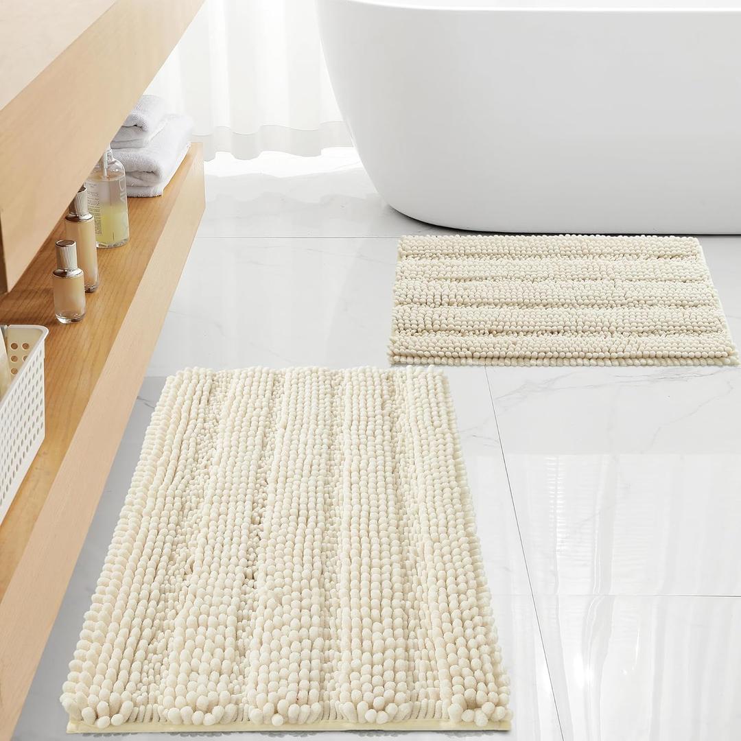 Non Slip Thick Shaggy Chenille Bathroom Rug Sets 2 Piece, Thickened Hot Melt Rubber Bottom Bath Mats for Bathroom, Bath Rugs Quick Dry Machine Washable for Shower (Ivory White, 32"x20" Plus 17"x24")