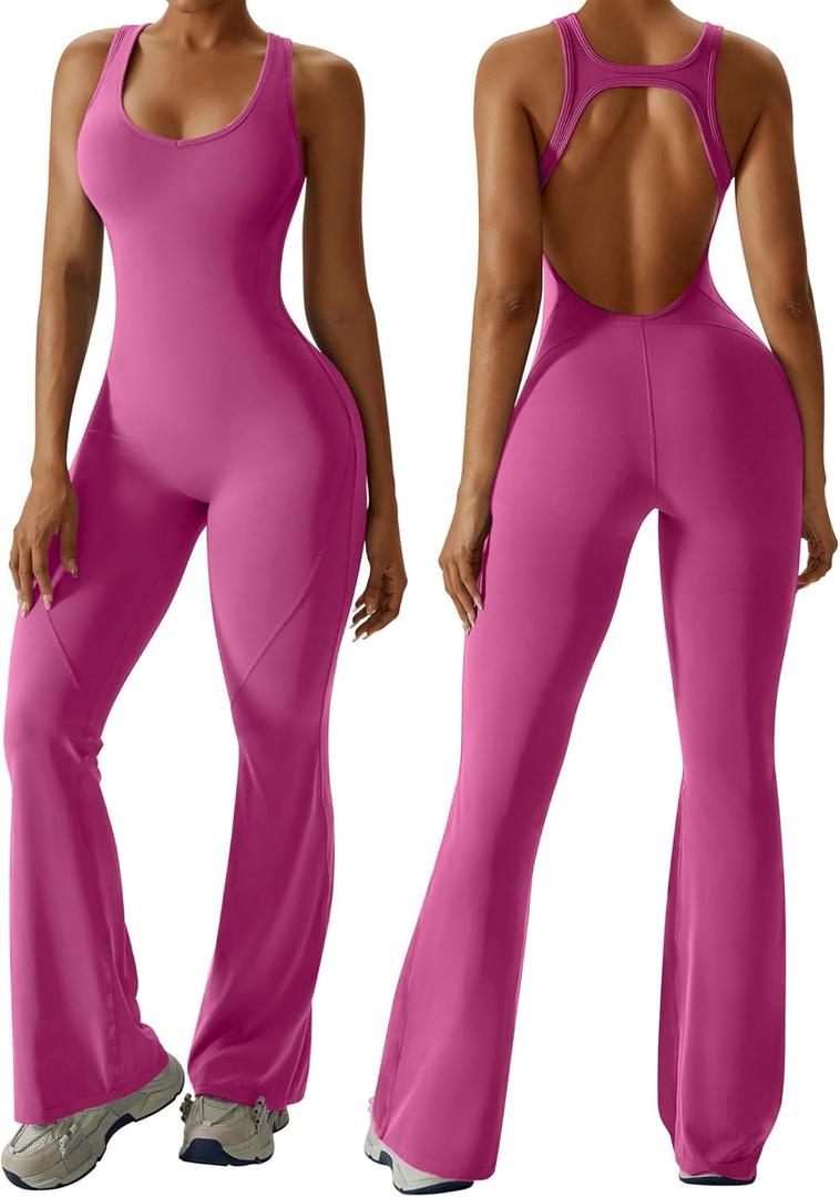 OEAK Womens Flare Jumpsuit with Bra Tummy Control Cutout Romper Workout Outfit Sleeveless Unitard One Piece Backless Bodysuit (Medium, Rose)