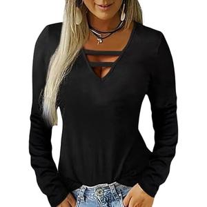 Hilinker Womens Sexy Cut Out Tops Long Sleeve V Neck T Shirts Casual Loose Tee Black Small S